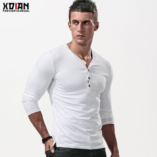 Fanshu henry shirt long-sleeved t-shirt for men, low-neck american retro bottoming shirt, tight-fitting top, large v-neck spring and autumn style, white m 90-118jin jin equals 0.5 kg