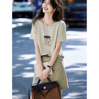 Awakening paradise summer fashion letter printed round neck short sleeve t-shirt top high waist belted skirt casual suit khaki s
