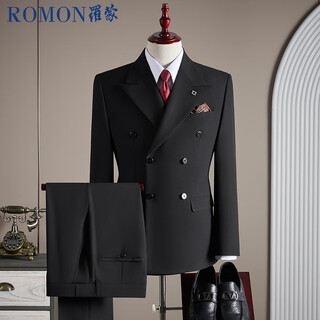 Romon suit + vest + trousers suit men's business double-breasted casual suit dress men's black 3xl
