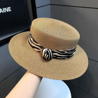Tuzun flat top hat summer french straw hat retro zebra sun new hat outdoor vacation sun visor hat 5cm brim light brown light brown black belt recommended head circumference 56-58cm