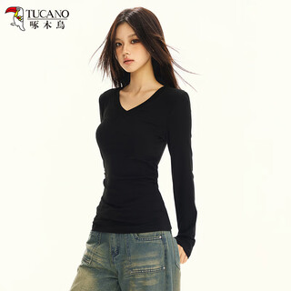 Woodpecker v-neck right shoulder long-sleeved t-shirt for women to wear inside and outside for autumn new style hot girl slim bottoming shirt top black xl