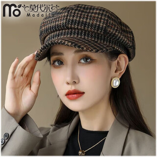 Modal fashion hat women's versatile winter octagonal hat women's round face spring and autumn warm trend korean style internet celebrity british regular plaid octagonal hat - black recommended head circumference (55-58cm)
