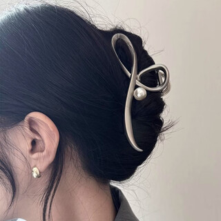 Bary reef11cm cool feeling large metal grabber hairpin 2025 new back of the head shark clip a pearl silver