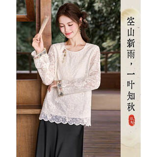 Lost time new chinese style embroidered lace shirt design embroidered cuffs small slim shirt women f5 apricot m