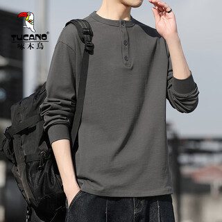 Woodpecker men's sweatshirt 2025 new spring and autumn long-sleeved t-shirt men's high-end heavyweight cotton henry collar bottoming shirt men's gray l