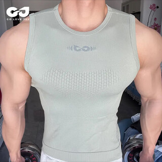 Jvodorin european and american ins fitness clothing men's sports short-sleeved quick-drying running and cycling training vest tight top showing muscles bean gray green l