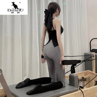 Kangaroo (daishu) small yoga clothing suit for women 2025 new high-end and beautiful fitness vest pilates training clothing top two-piece set black top + moon rock color pants m (98-108jin jin equals 0.5 kg)