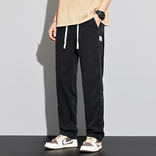 LEE KIDS summer thin Tennis jeans men loose straight-leg casual wide-leg pants men ice silk trendy trousers men YM-1048 black M