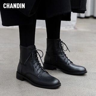 Asamachi first-layer cowhide ankle boots for women, autumn and winter lace-up short boots for women, british women's boots, versatile martin boots for women, slimming women's leather boots, black (single lining) 38