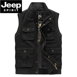 JEEP SPIRIT工装马甲男多口袋秋冬休闲纯棉立领坎肩大码户外摄影登山背心外套 黑色 XL