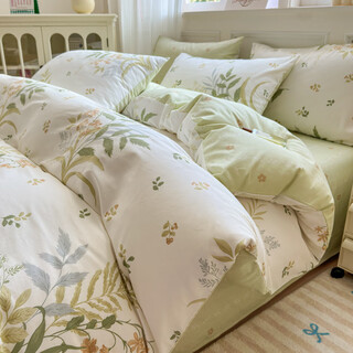 Mercury series home textiles small fresh 80 count pure cotton bed four-piece set pure cotton bedding floral quilt cover dormitory bed sheet three-piece fitted sheet style dense leaf fitted sheet style 1.8m four-piece set