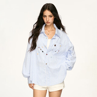 Aaisup american vertical striped button-down shirt for women 2025 autumn new design lazy and versatile loose shirt jacket blue l