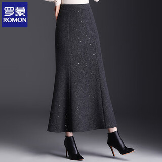 Romon fishtail skirt spring and autumn style small fragrant skirt temperament long skirt woolen skirt hip-covering skirt gray skirt women's winter skirt gray m suitable for wearing 90-100jin jin is equal to 0.5 kg