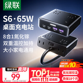 Green alliance s6 suitable for iphone17 desktop charging station plug-in strip gallium nitride 65w fast charger multi-function usb/typec socket magic box 8-hole master control 1.5 meters