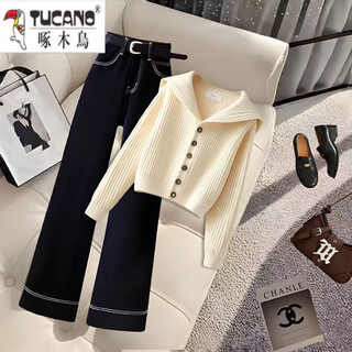 Woodpecker (tucano) 2025 wear a complete set of small fragrant knitted sweaters for women, new design, age-reducing, high-waisted straight pants, two-piece set, apricot sweater + pants, two/piece set, waistless xl, recommended 115-125 jin jin equals 0.5 kg