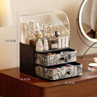 Vipero makeup brush storage akbk cosmetic storage box desktop large capacity dustproof dressing table lipstick skin care product flip medieval style virgin forest-double drawer + flip transparent dustproof box leather + density board no odor