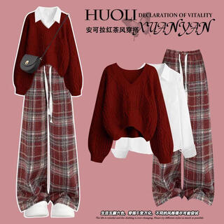 G.duck girl's new year's shirt wear ankola red snake year animal year sweater shirt wide-leg pants three-piece suit three-piece red knitted sweater + white shirt + red plaid 165 cm xl size 120-135 jin jin is equal to 0.5 kg