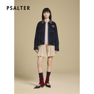 Psalter psalm barn style retro denim flocked denim short jacket 2025 winter new style navy blue s