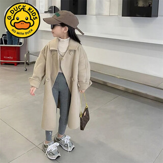 G.duckkids korean girls woolen coat super cute casual windbreaker 2025 autumn and winter new baby loose khaki coat coat 120