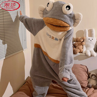 Langsha ugly fish one-piece pajamas for women, coral velvet and thickened autumn and winter warm funny cartoon warm plush home clothes 3008 ugly fish-no shoes m 80-100jin jin is equal to 0.5 kg