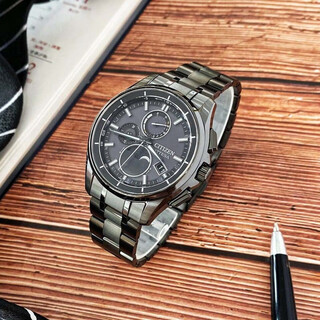 Citizen men's watch atessa series business casual day display stainless steel moon phase light kinetic energy watch by1006-62e black belt and black plate