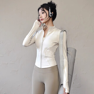 Mppmck yoga wear women's long sleeve quick-drying sunscreen tight-fitting running fitness cycling wear zipper stand collar sports jacket autumn milk brown s