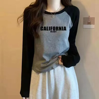 Oluodai pure cotton long-sleeved t-shirt for women 2025 autumn new loose casual versatile right shoulder raglan round neck contrast top for women long-sleeved gray (califo) xl recommended 110-125 jin jin equals 0.5 kg