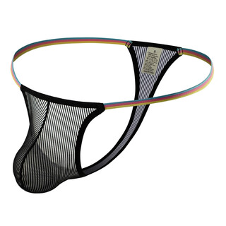 Underwear thin edge men's thong t pants mesh striped translucent large bag sexy u convex bikini panties summer black s2.0-2.3 feet