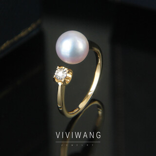 Yuansi vivi japanese akoya seawater pearl ring diamond 18k gold thickened opening adjustable bull head gold model 9-11 ring 7-7.5mm
