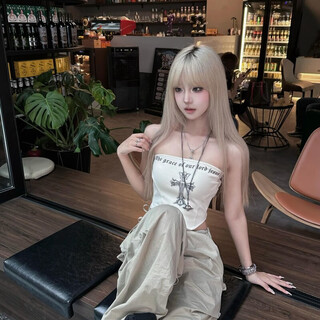 Banfishi american retro hot girl niche high-end printed white tube top for women's summer outer wear short sleeveless vest, milky white s size