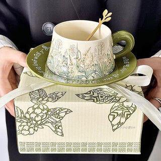 Wanjia all-ceramic coffee cup with high appearance, high-end and exquisite birthday gift box, retro girls afternoon tea marco cup, one cup, one plate, one spoon, gift box style