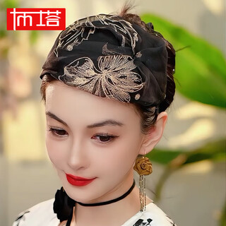 Ptah heavyweight silk mulberry silk embroidery handmade half hat to cover white hair, widened headband, western style retro versatile headband hat, black gold embroidery