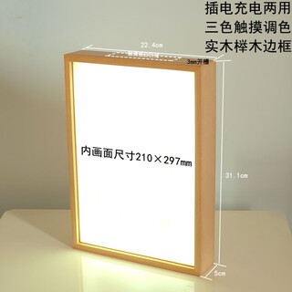 DIY榉木实木三色发光充电触摸照片书法相框灯光画小夜灯摆件定制 榉木A4 木制 来图印刷定制