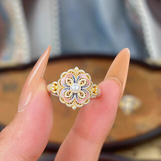 Rsrddy old phoenix palace silver ring women's foot silver 9999 national style new chinese style enamel palace live mouth sterling silver ring 999 pure silver poria silver ring lao fengxiang same style