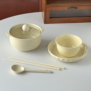 Wing fantasy tableware set for one person, cream instant noodle bowl, snail noodle bowl, double-eared ceramic soup bowl with lid, spoon and chopsticks, yellow 5-piece set of instant noodle bowl + rice bowl + 7-inch plate + chopsticks and spoon
