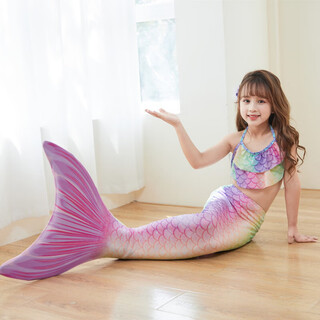 Baozouxie children's mermaid swimsuit performance swimsuit three-piece fish tail large, medium and small girls princess skirt bikini costume colorful (top + shorts + tail) 105 m (5-7 years old)
