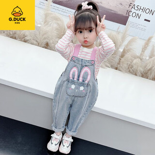 G.duck女童牛仔背带裤春秋季儿童装2025新款洋气长裤小童女宝宝裤子秋装 背带裤+上衣(两件套) 110