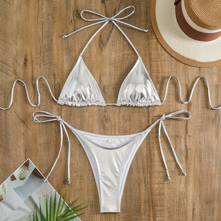 Vinoa 2024 split bronzing bikini solid color swimsuit super fairy split swimsuit ins glossy bikini silver bronzing s 90-100