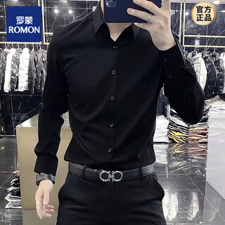 Romon yuppie-style no-iron casual business slim fit stretch shirt autumn long-sleeved solid color shirt for men black m 48-170-