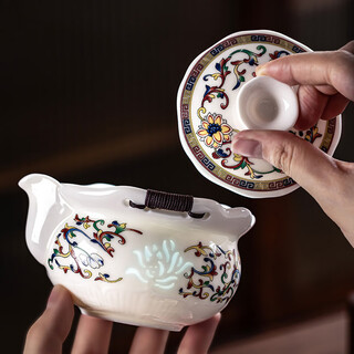 Craftsman's order mutton-fat jade porcelain enamel exquisite hand-caught tea set tea set complete household high-end kung fu tea set suet-fat jade porcelain enamel color blue lotus exquisite hand-caught teapot