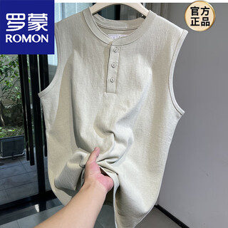 Romon henry collar tough guy style vest american heavyweight cotton washed sleeveless waistcoat t-shirt men's fitness sports undershirt beige m 100-130jin jin equals 0.5 kg