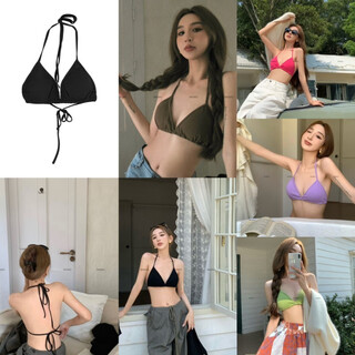 Kaximu summer vacation style hot girl wears halter neck camisole women's breast pad strap beautiful back underwear bikini top two-piece black + green l_ suitable for 100-120jin jin equals 0.5 kg