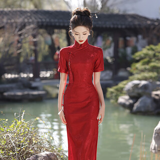 Woodpecker (tucano) red cheongsam women's new chinese style engagement college entrance examination 2025 new mom high-end daily wear dress summer burgundy medium long s