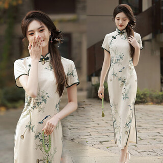 Miao yijia new chinese style cheongsam chinese style summer 2025 new petite mid-length slim fit and temperament improved dress dark green edge plate button printed stand collar cheongsam m recommendation 90-100jin jin equals 0.5 kg