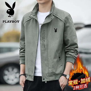 Playboy jacket men's spring and autumn casual youth and middle-aged velvet stand collar versatile outdoor sports jacket army green xl