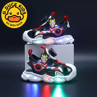 G.duck little yellow duck non-slip soft bottom children's ultraman lighted toe sandals summer boys rotating button children's sandals black beach shoes size 22 inner length 14cm