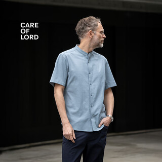 Care of lord artist summer men's cotton linen casual henley collar short-sleeved shirt commuter blue m