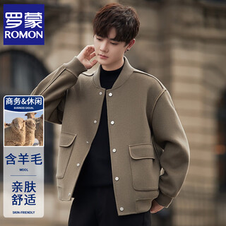 罗蒙（ROMON）棒球领双面呢子羊毛夹克男士宽松2025秋冬季新款韩版毛呢外套短款 茶褐色 XL 【建议160-180斤】