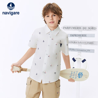 Navikel italian dinghy boys short-sleeved shirt summer middle and older children pure cotton moisture-absorbent breathable half-sleeved cardigan shirt nautical academy white 130