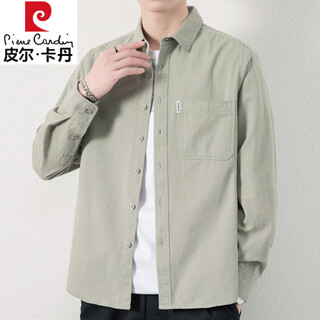 Pierre cardin 100% cotton long-sleeved shirt for men spring and autumn 2025 new no-iron inch shirt comfortable casual shirt jacket for men nkm-8851 bean green xl recommended 126-140jin jin equals 0.5 kg